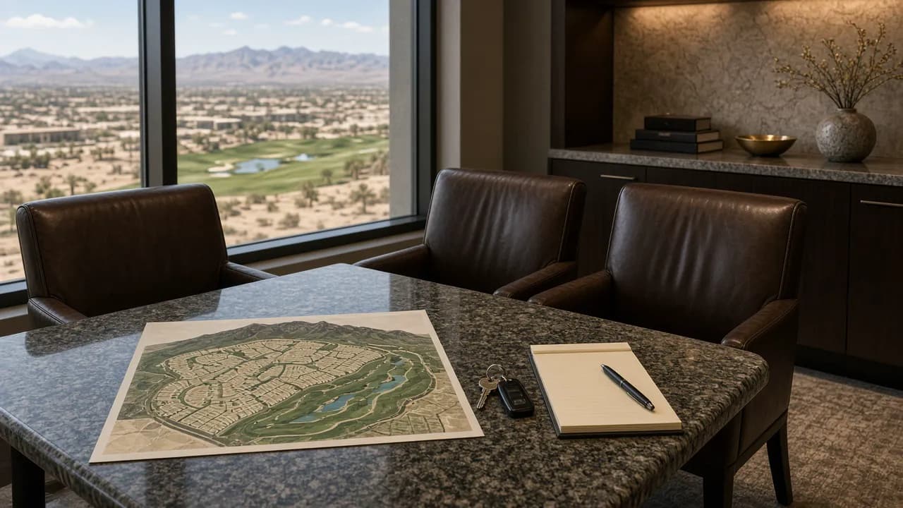 Real estate consultation table with neighborhood map at the Rhodes Ranch Las Vegas office