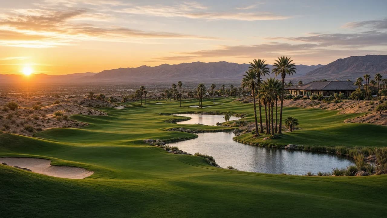 Rhodes Ranch Golf Club fairways and desert mountains in southwest Las Vegas
