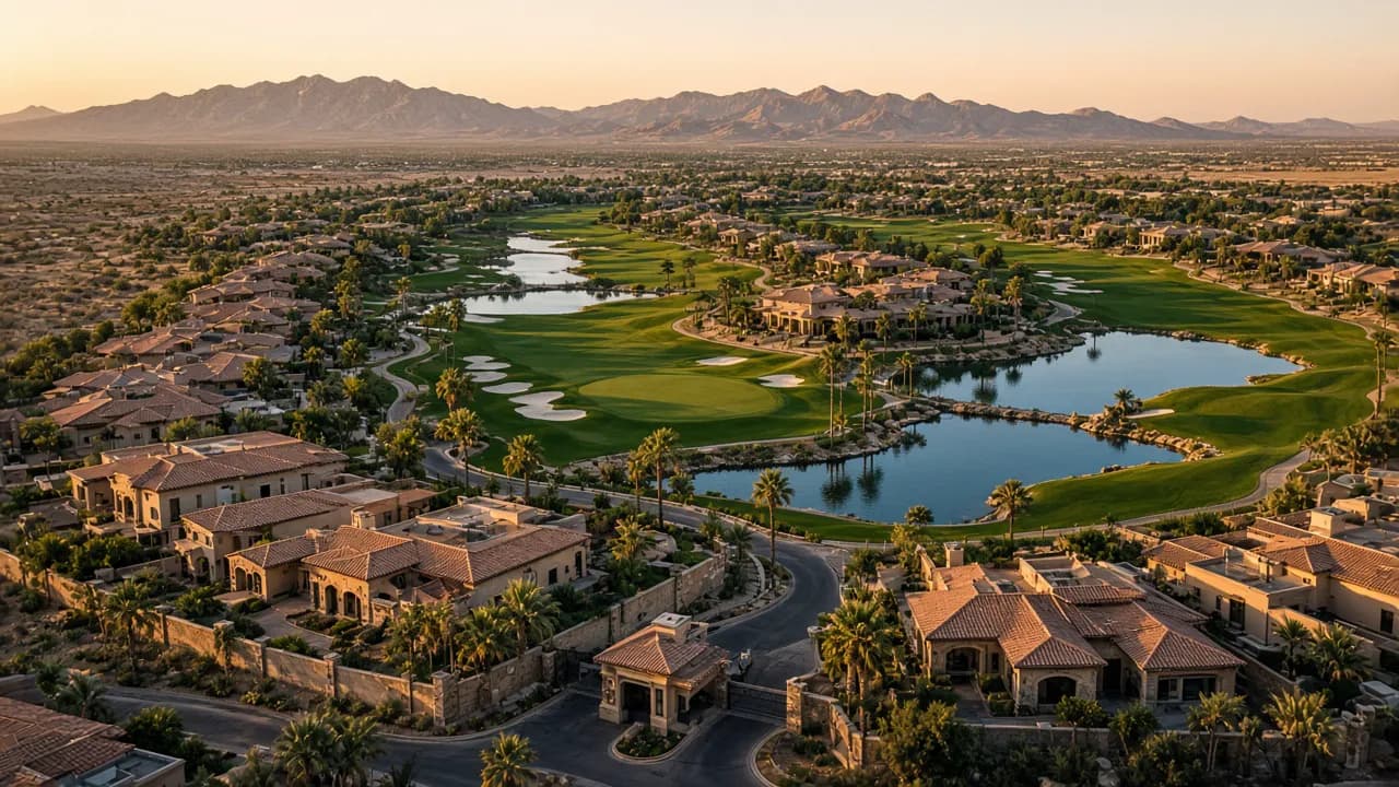 Aerial view of Rhodes Ranch Las Vegas homes around the golf course in Spring Valley 89148