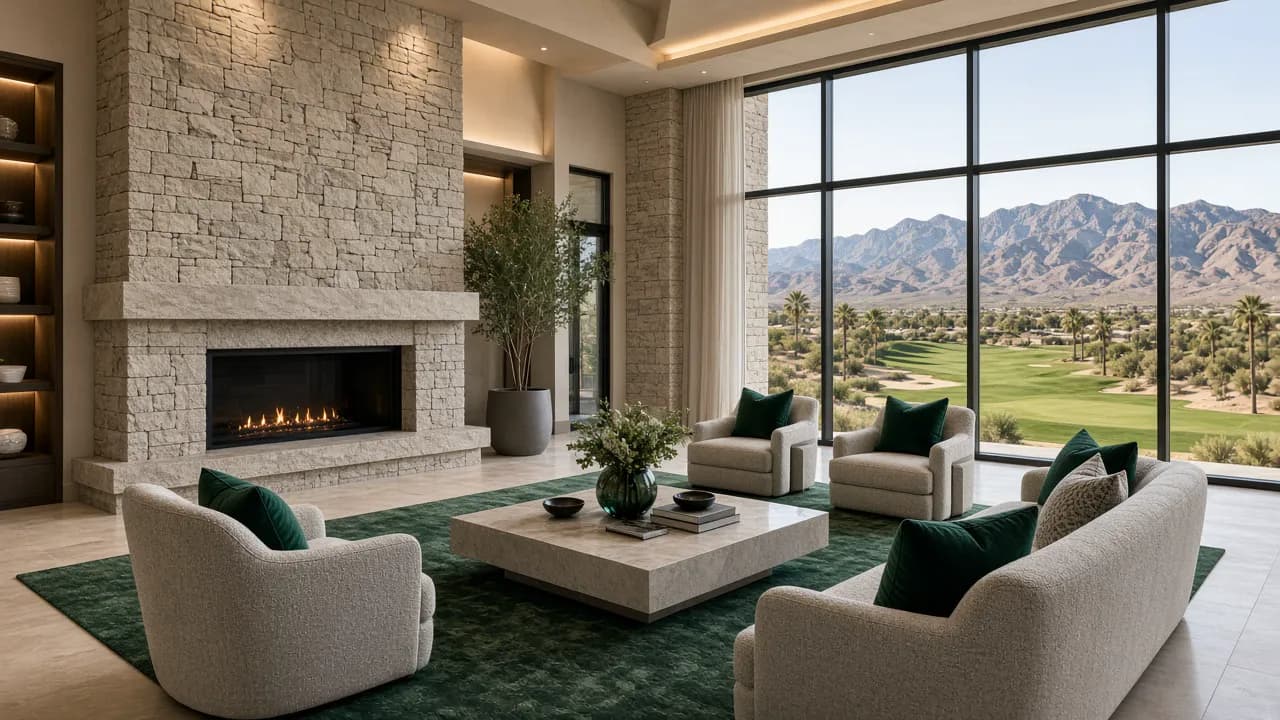 Luxury living room with golf-course views in a Rhodes Ranch Las Vegas home