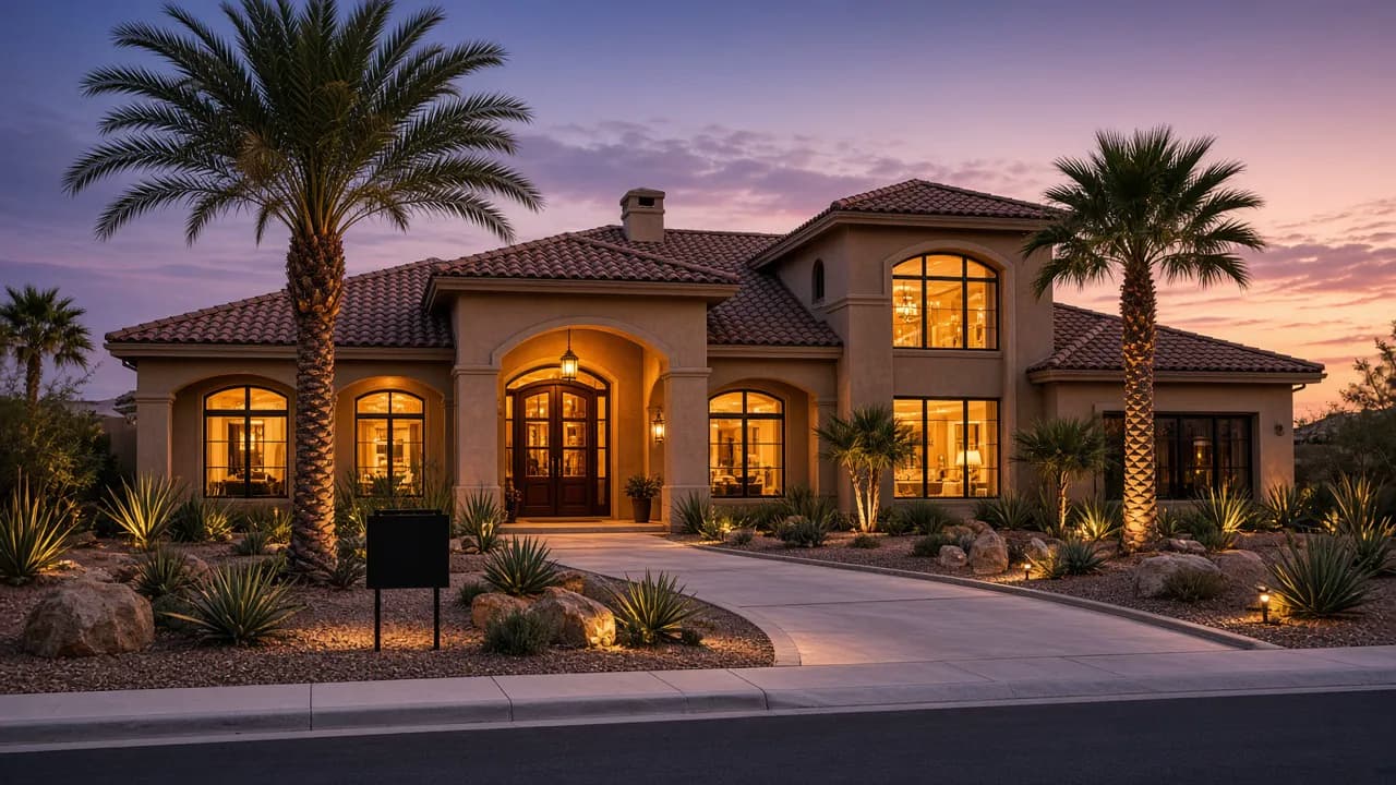 Newly listed Las Vegas home at dusk with warm interior lights in a golf community
