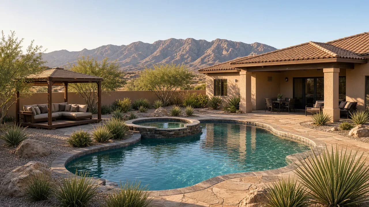 Resort-style backyard pool at a Rhodes Ranch Las Vegas home in 89148