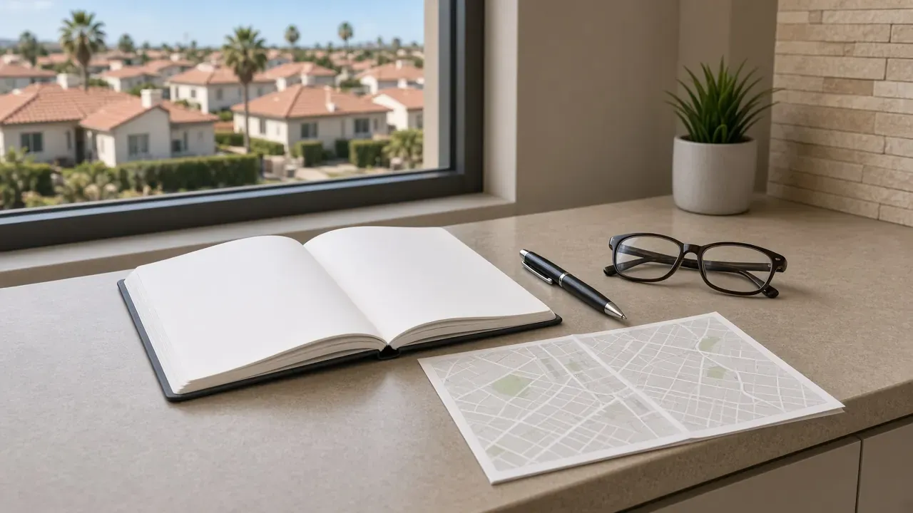 Q&A notebook, glasses, and community map at the Rhodes Ranch Las Vegas office