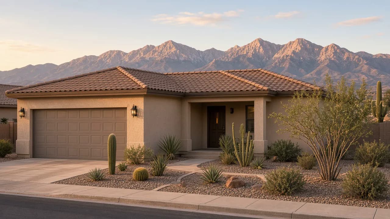 Single-family stucco home in southwest Las Vegas near Rhodes Ranch, listed in a lower price band