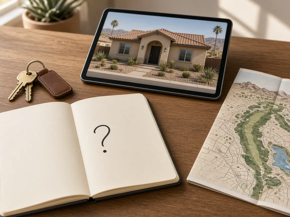Buyer FAQ notebook, keys, and a Rhodes Ranch Las Vegas home listing on a tablet