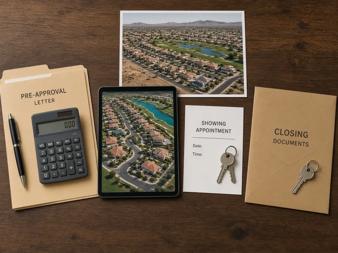 Four-step Rhodes Ranch buyer journey: pre-approval, search, showing, and closing documents