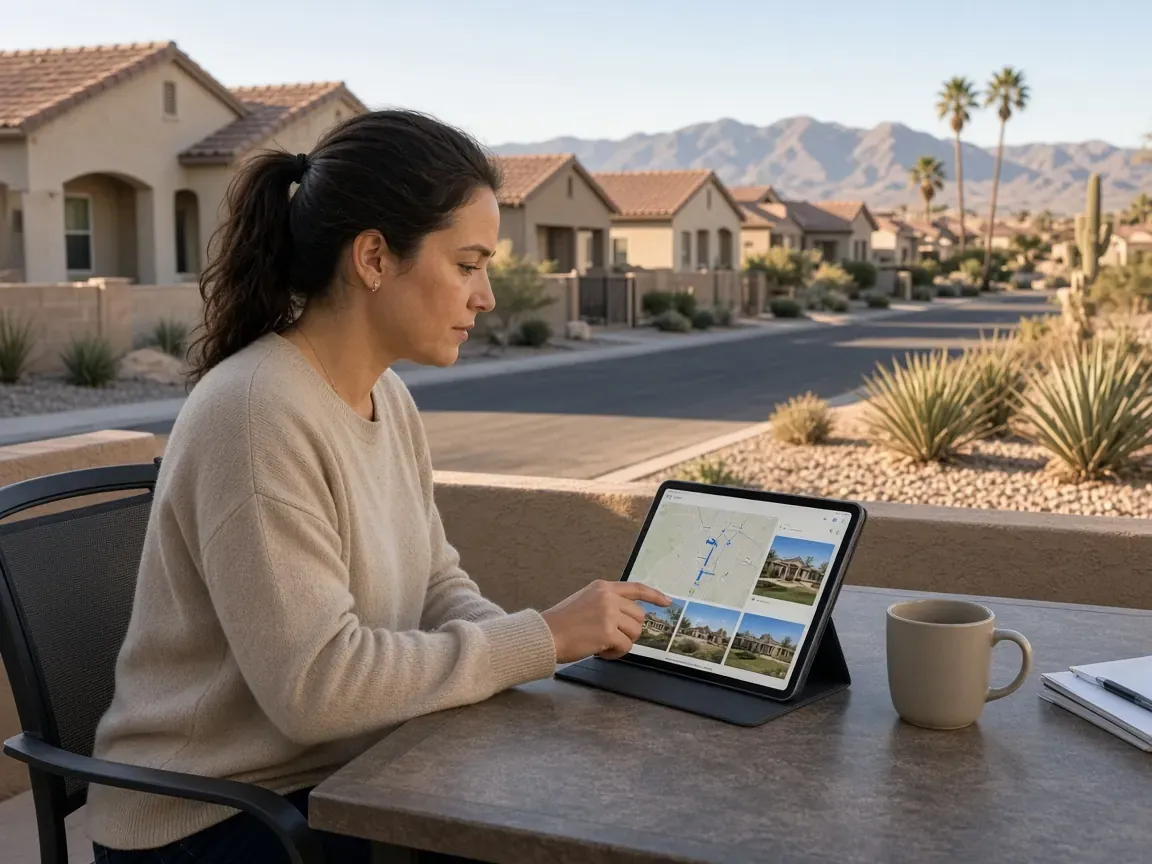 Homebuyer reviewing a listing search on a tablet on a patio along a Rhodes Ranch Las Vegas street