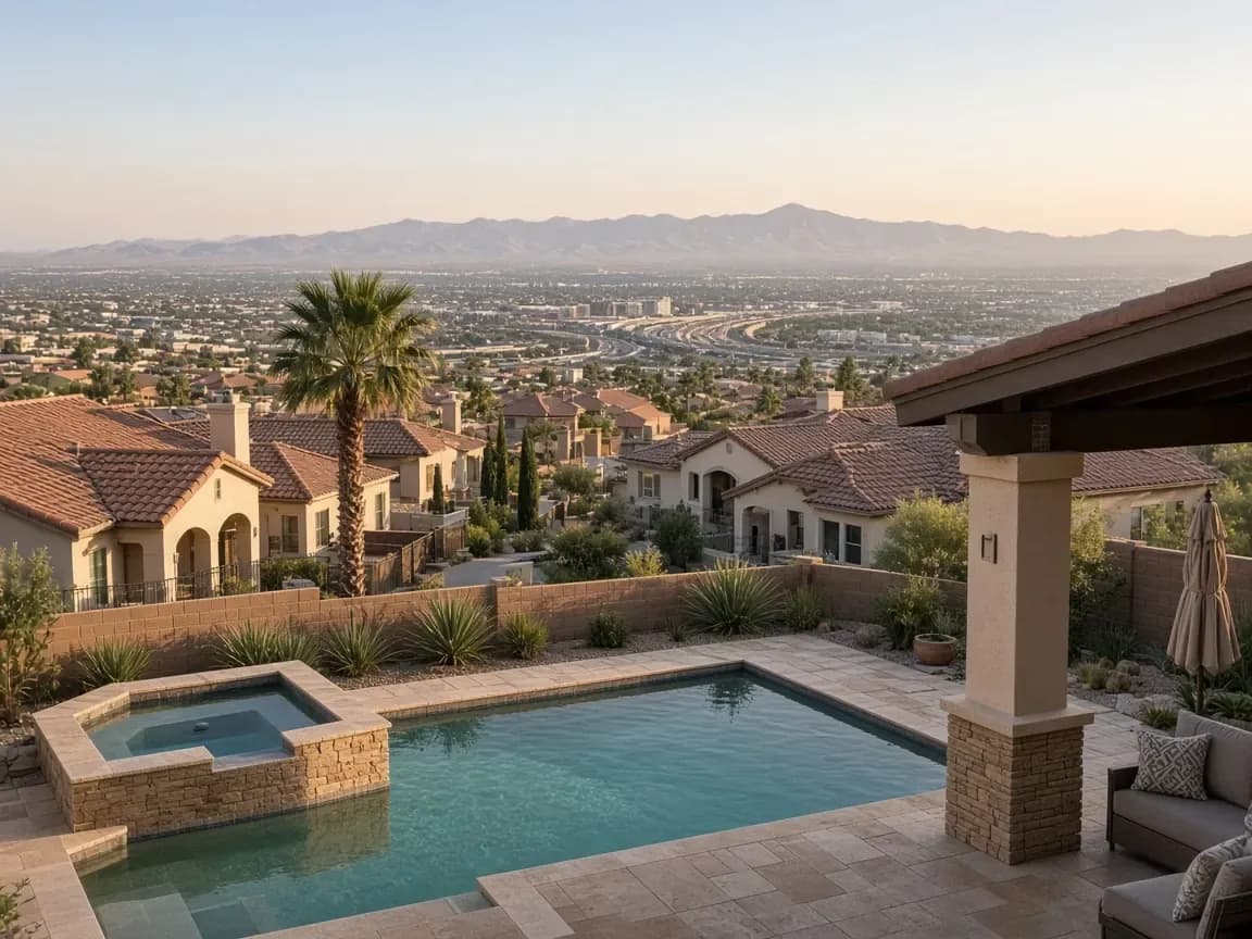 Resort-style pool patio with tile roofs and Las Vegas valley roads in the distance from 89148