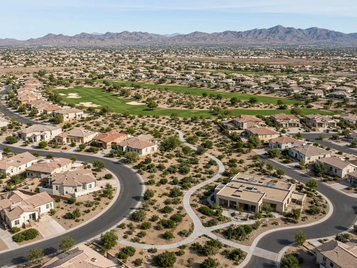 Aerial glance at Rhodes Ranch curved streets, walking paths, and golf fairways in Spring Valley 89148
