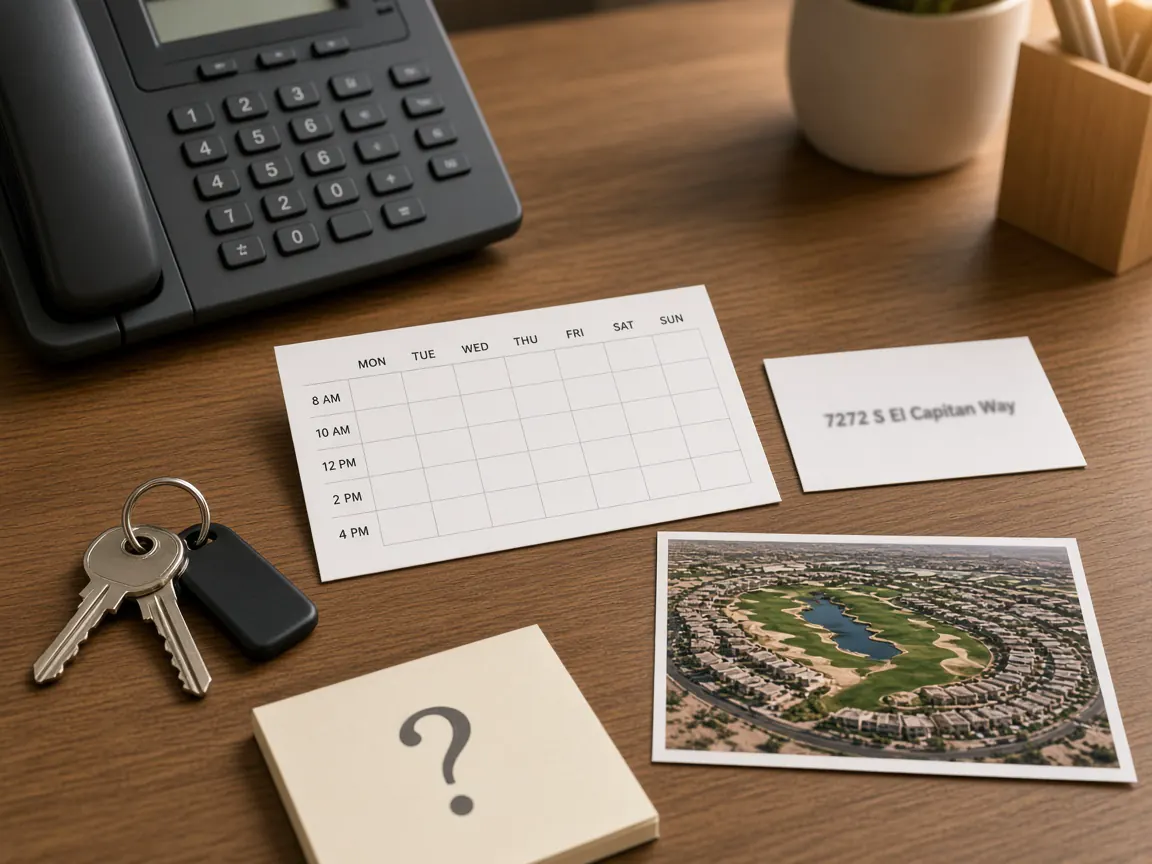 Office phone, weekly schedule card, keys, and 7272 S El Capitan Way note for contact FAQ