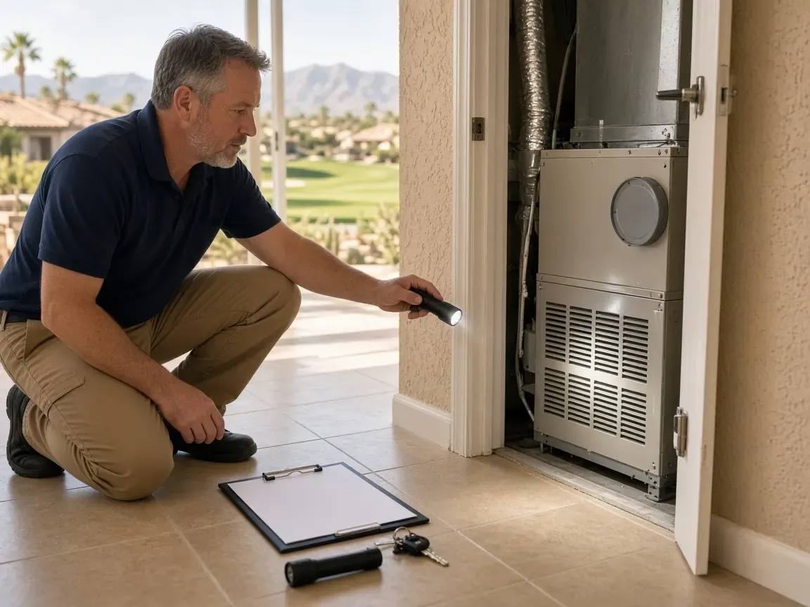 Home inspector checking HVAC at a southwest Las Vegas house during a Rhodes Ranch buyer tour