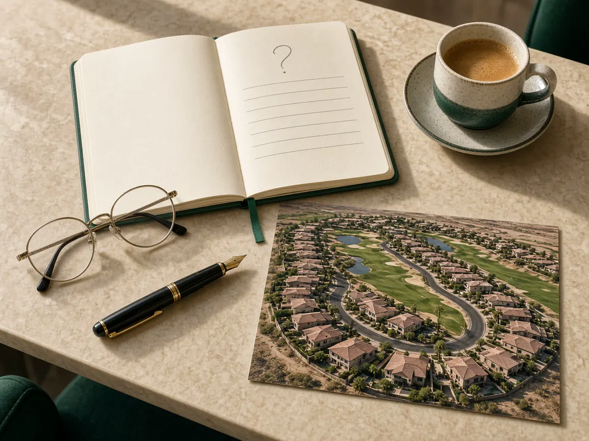 Q&A notebook, glasses, and aerial print of Rhodes Ranch golf-course homes in Las Vegas 89148