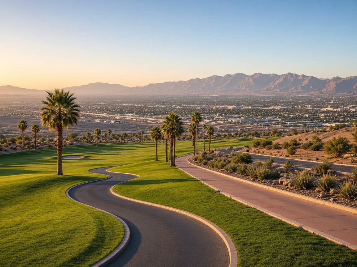 Golf fairway, walking path, and Las Vegas valley roads from Rhodes Ranch in 89148