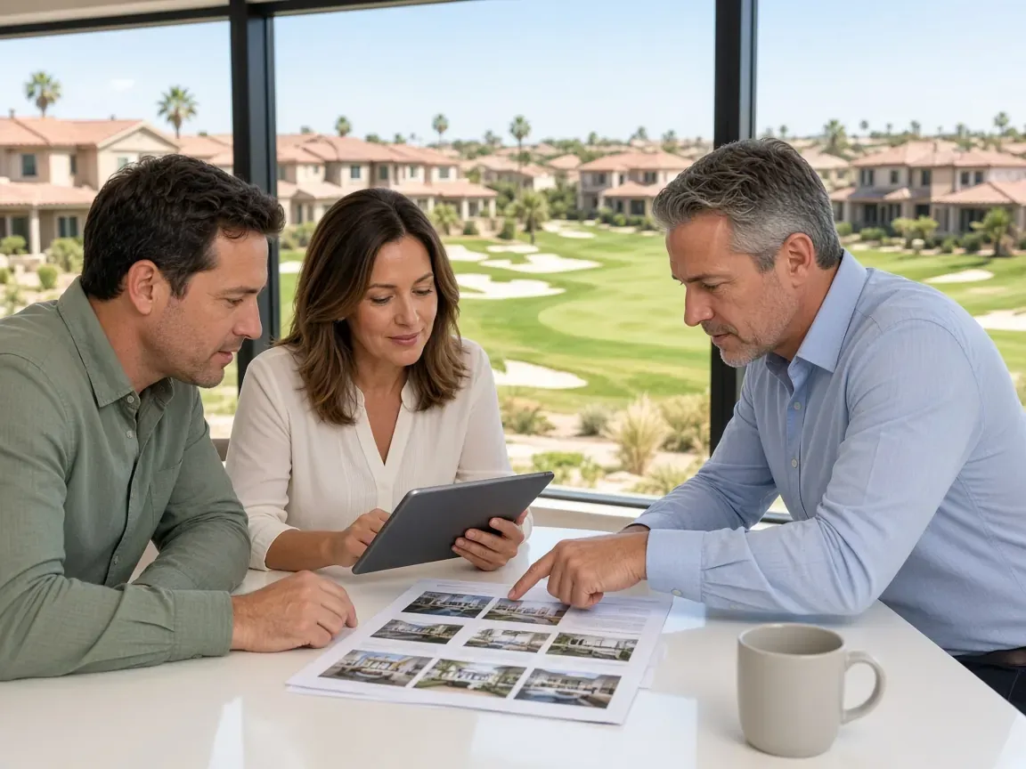 REALTOR reviewing Rhodes Ranch listing sheets with buyers at a table overlooking golf-course homes