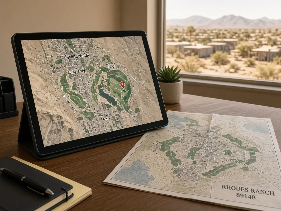 Tablet map of Rhodes Ranch and Spring Valley 89148 beside a printed community map