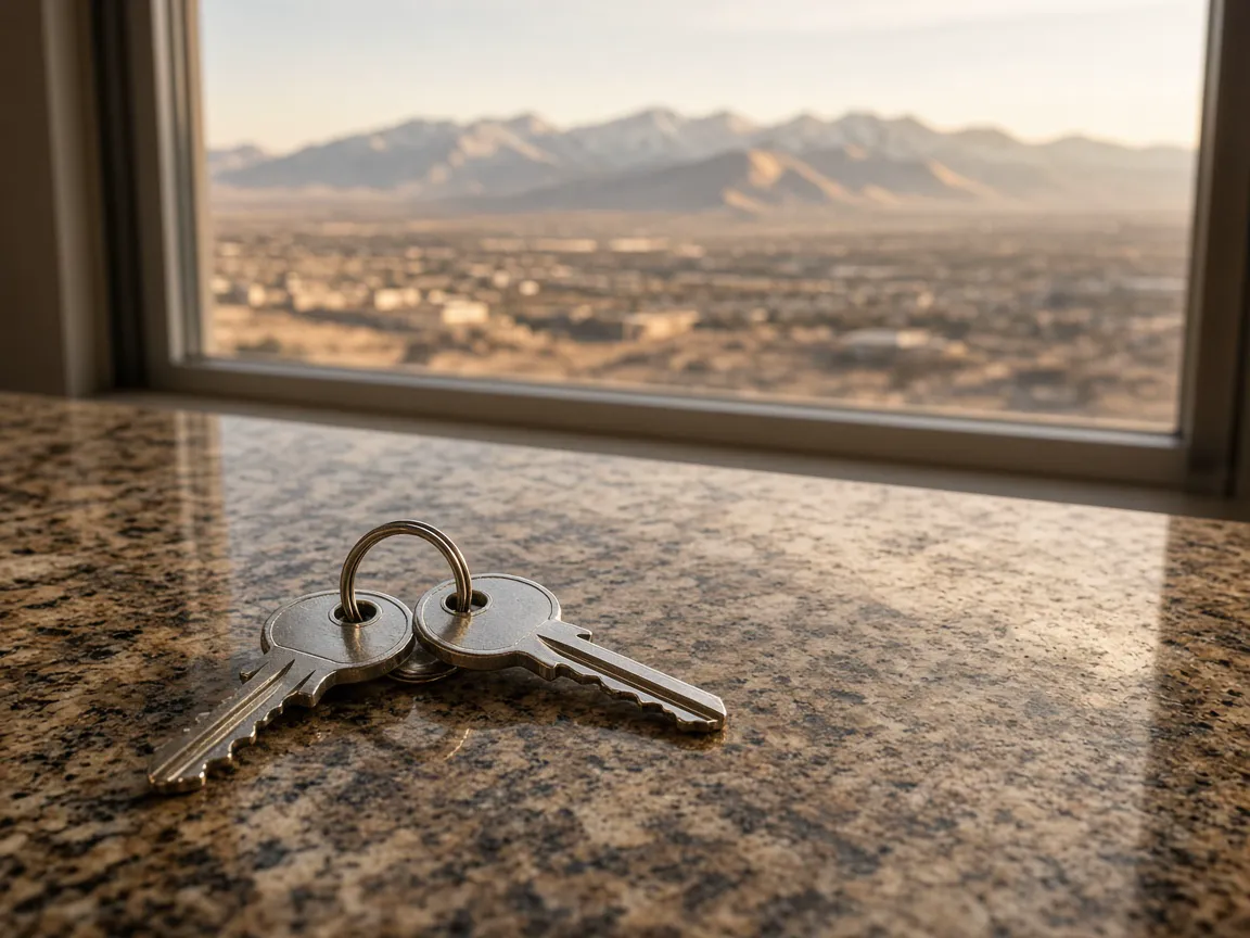 House keys on a counter at closing for a Las Vegas home purchase