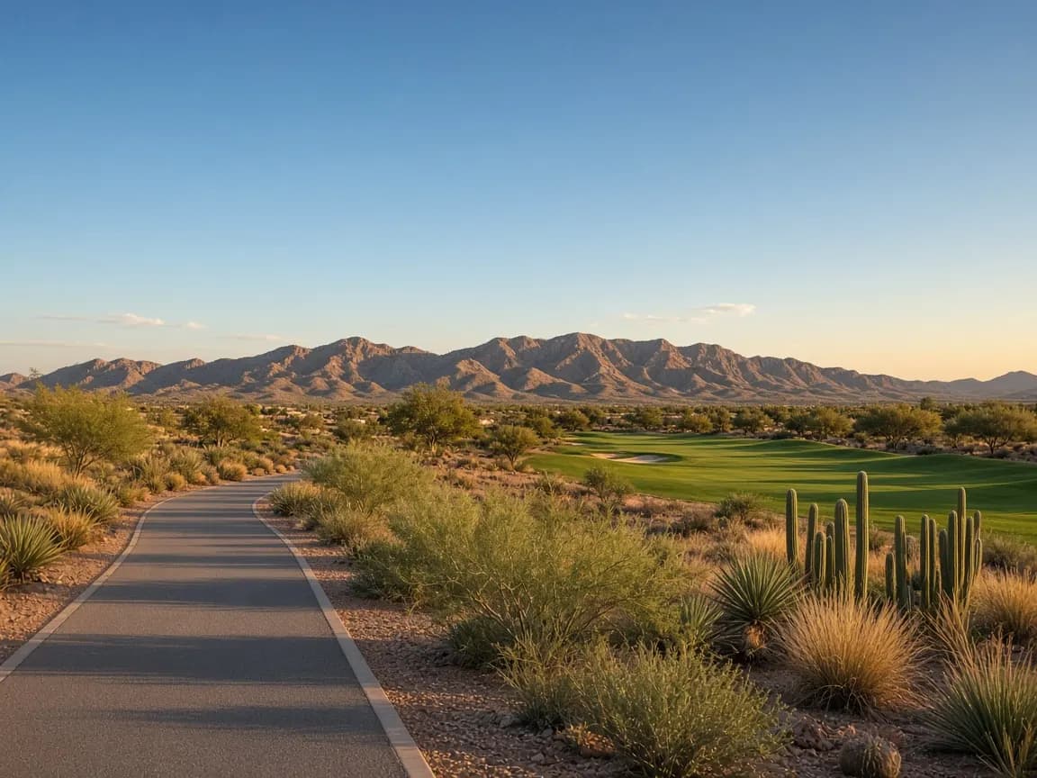 Desert walking path beside golf fairways and mountains near Rhodes Ranch Las Vegas