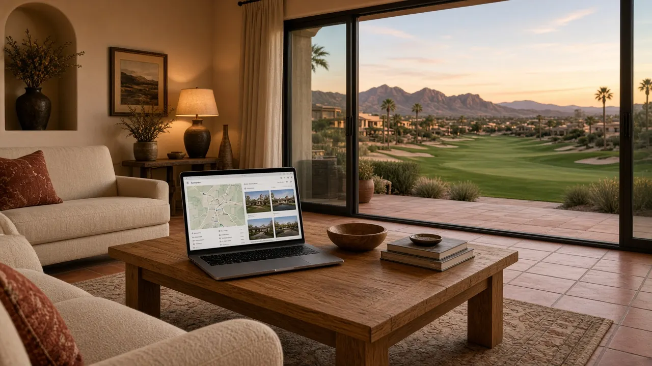 Laptop home search beside golf-course views in a Rhodes Ranch Las Vegas living room