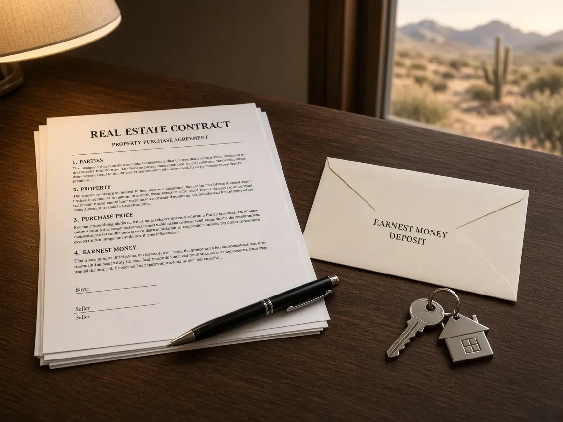 Purchase agreement, earnest-money envelope, and house keys on a desk overlooking the Las Vegas desert