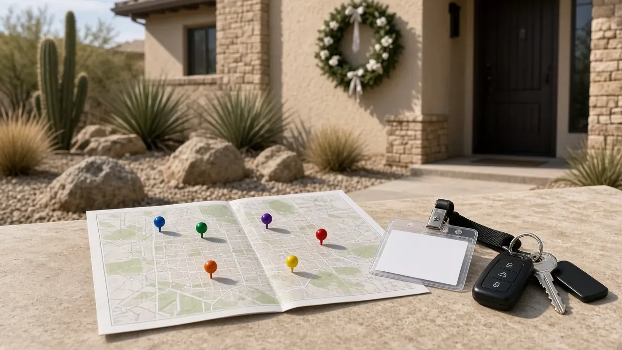 Open-house tour map with pins, keys, and a southwest Las Vegas home entry in 89148
