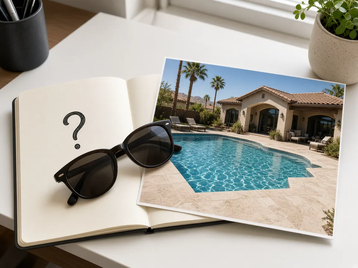 Q&A notebook and sunglasses beside a Rhodes Ranch Las Vegas backyard pool photo