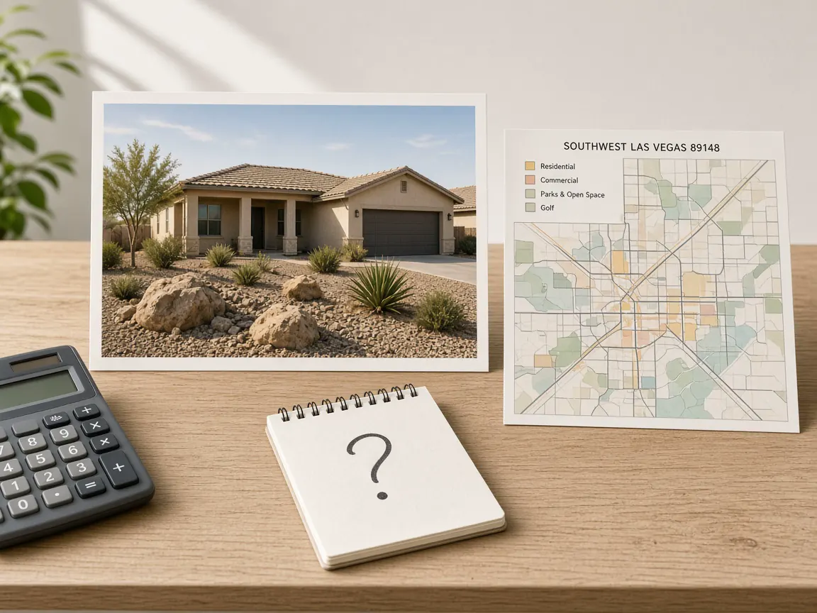 Modest southwest Las Vegas home photo, calculator, and 89148 map for a price-band FAQ