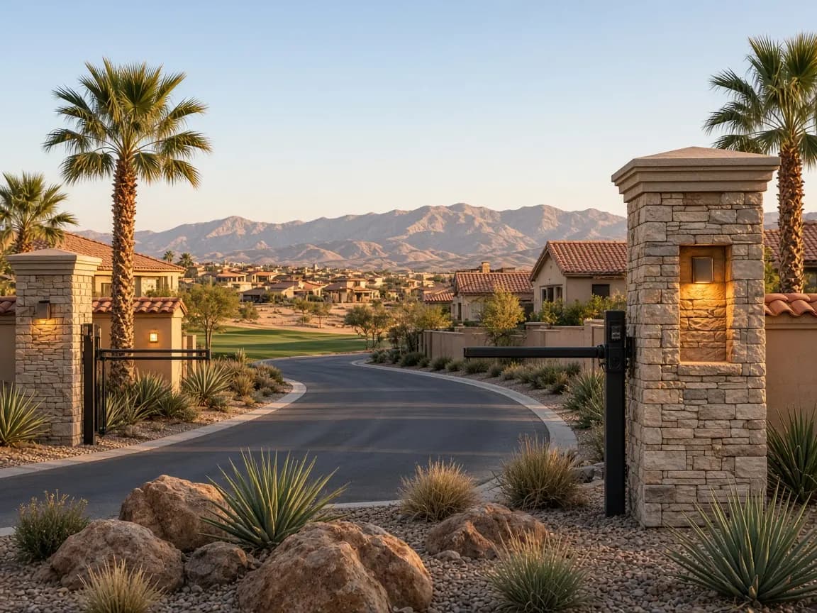 Guard-gated entrance to a southwest Las Vegas golf community near Rhodes Ranch 89148