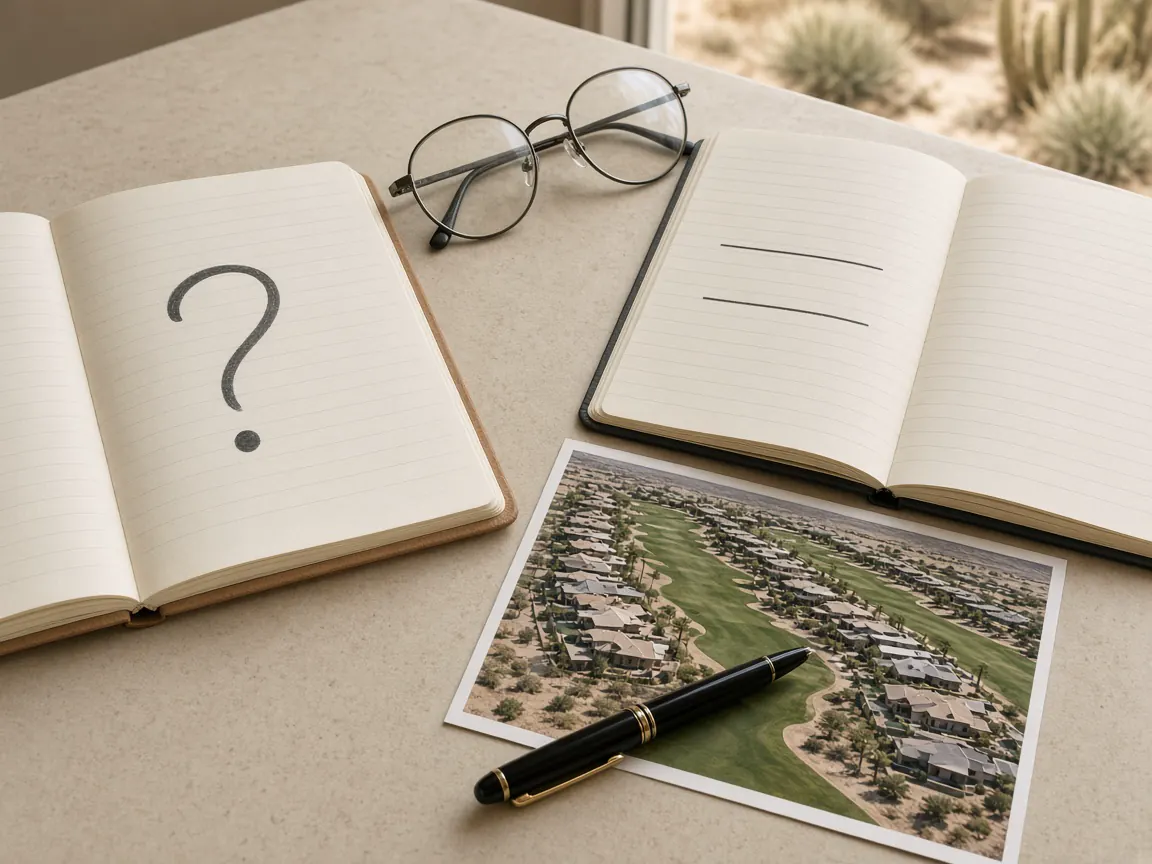 Question and answer notebooks with a Rhodes Ranch Las Vegas golf-community aerial print