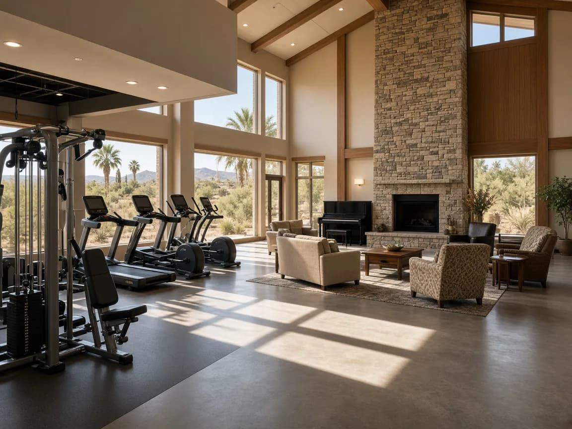 Rhodes Ranch recreation center lobby with fitness spaces and desert light