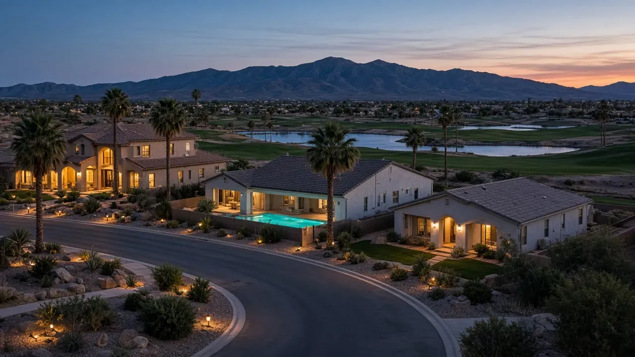 Three southwest Las Vegas home styles on a golf-community street at dusk near Rhodes Ranch 89148