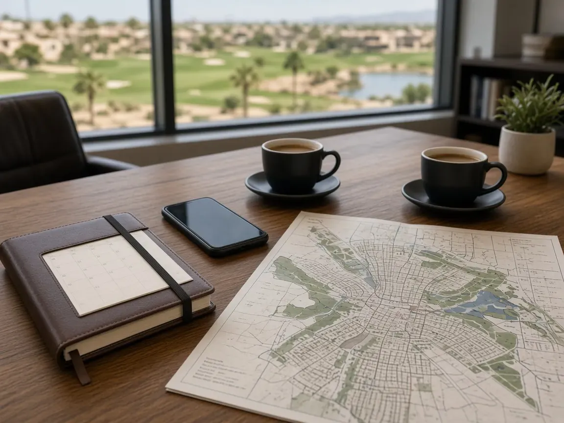 Calendar, phone, and community map set for a 15-minute real estate conversation in Las Vegas