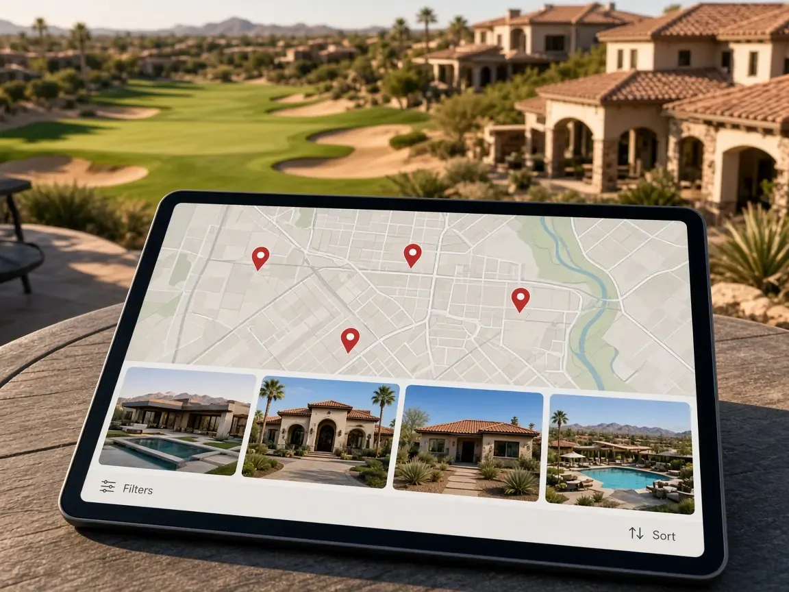 Tablet home-search map and listing photos beside Rhodes Ranch golf-course homes in Las Vegas 89148