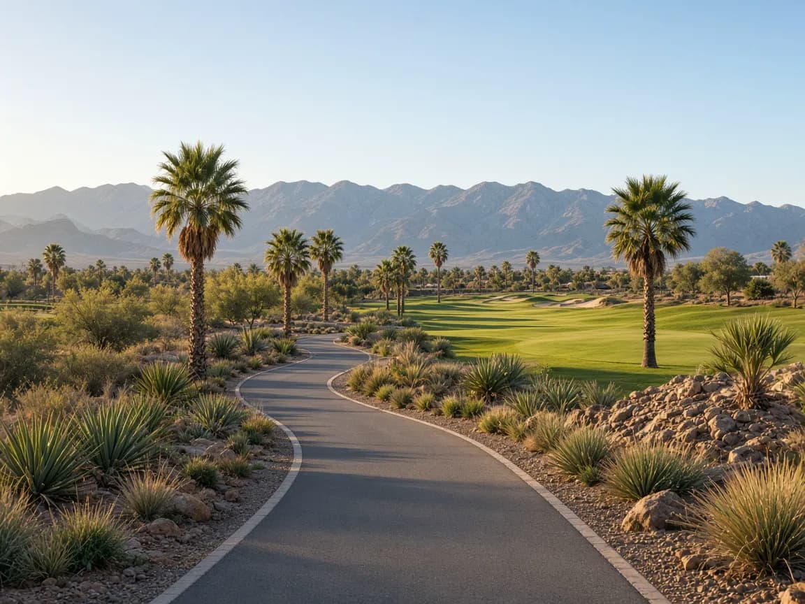 Walking path through Rhodes Ranch with golf fairways and desert mountains