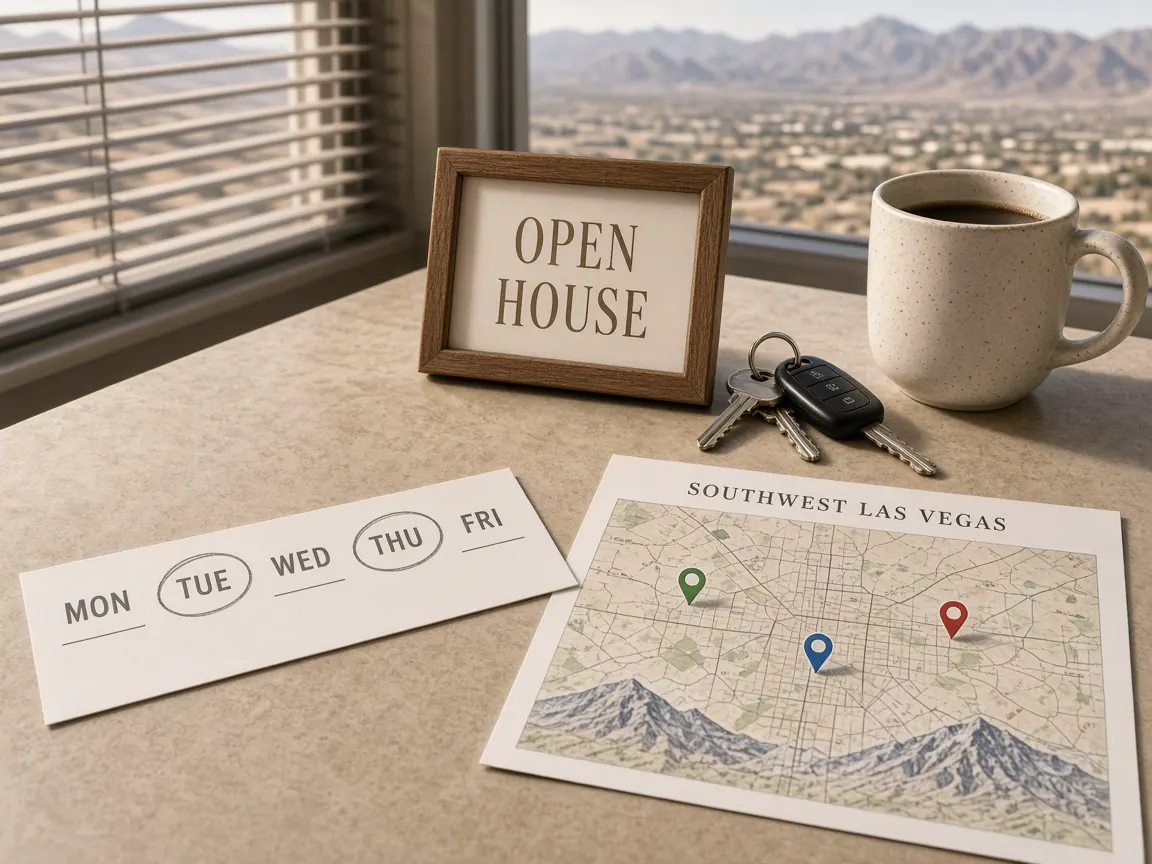 Weekday open-house planner, keys, and southwest Las Vegas golf-community map