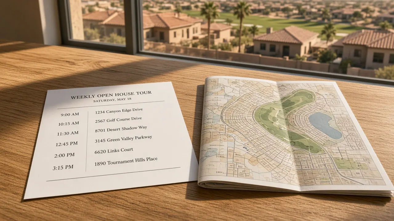 Weekly open house tour plan and map beside a Rhodes Ranch Las Vegas golf community view